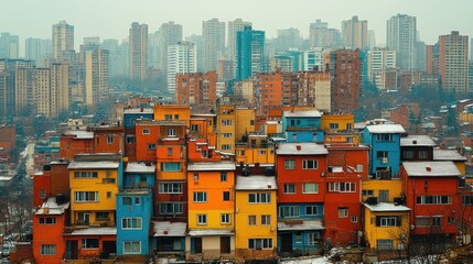 Fototapeta premium Colorful hillside houses, city skyline, winter