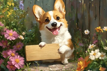  A playful dog holding a sign with space for custom text, perfect for personalized messages, in a friendly and fun pose.