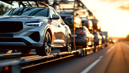Fototapeta premium Truck transporting luxury cars, transportation, delivery, automobile.