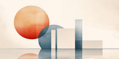 Abstract art featuring geometric shapes, including a large orange circle and rectangular forms in soft colors against a light background.