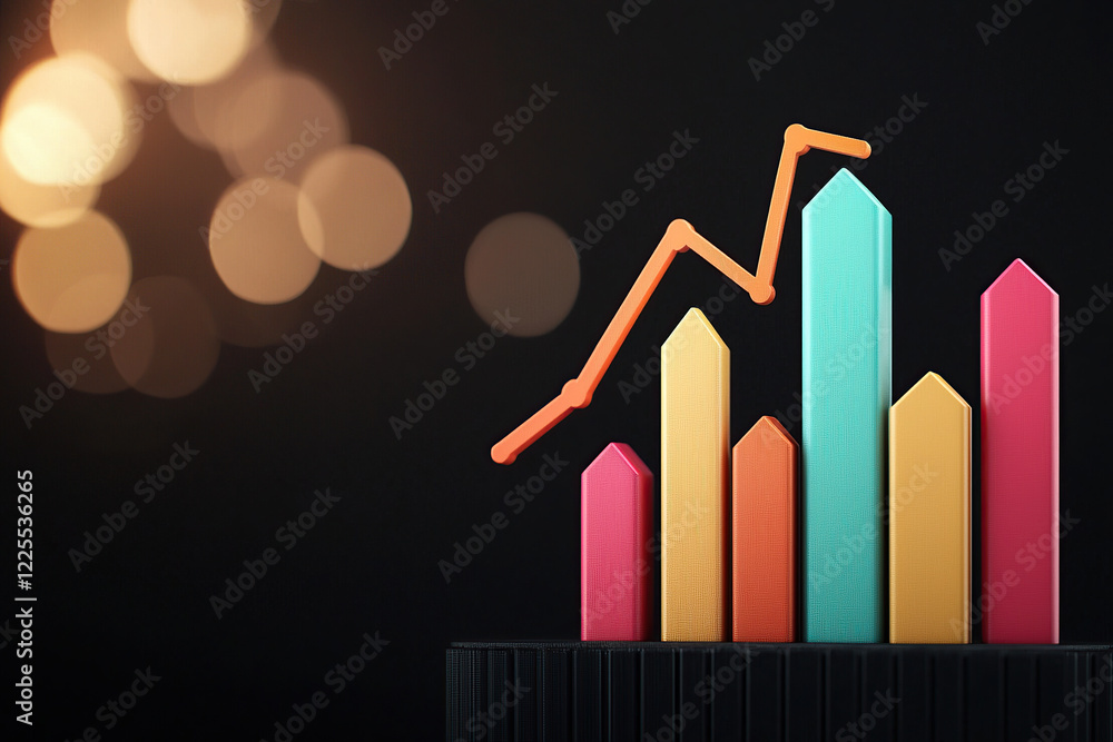 Poster colorful bar graph with upward trend line is set against dark background with bokeh lights, symboliz