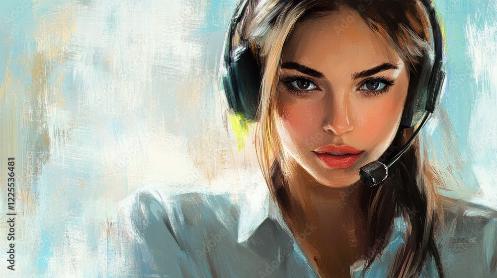 Poster portrait of a confident customer service representative wearing a headset in a professional setting 