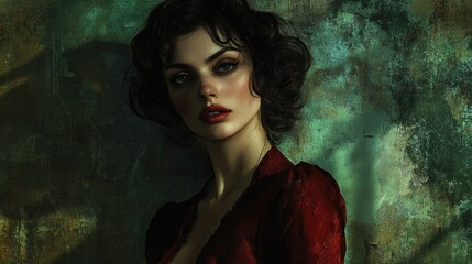 Fototapeta premium Elegant woman in vintage attire with a captivating gaze against a textured background showcasing artistry and timeless beauty.