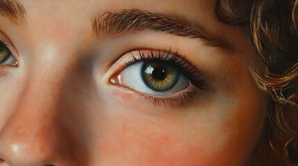 Fototapeta premium Close-up portrait of a young woman showcasing detailed green eyes and natural skin texture in a soft light setting.