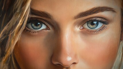 Fototapeta premium Captivating portrait of a young woman highlighting her striking blue eyes and natural beauty against a soft, artistic background.