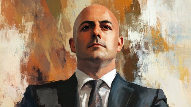 Confident bald businessman in a suit against an abstract background, exuding professionalism and determination.