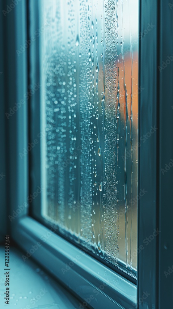Poster a close-up view of a window covered in water droplets, capturing a serene and reflective atmosphere 