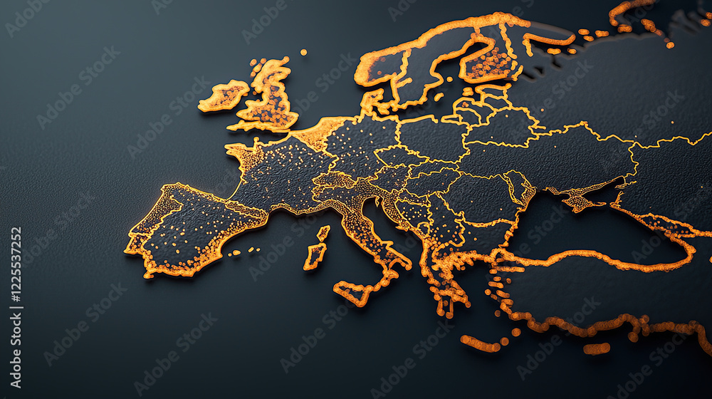 Poster radiant map of europe with glowing borders and data points, symbolizing connectivity and information