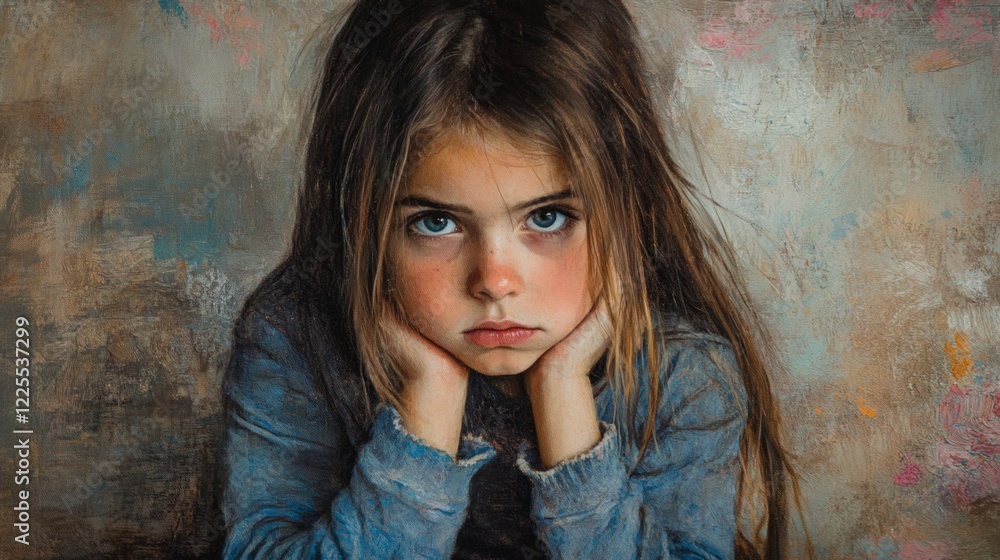 Wall mural Boredom Expression in a Young Girl Portrait with Captivating Blue Eyes and Long Hair