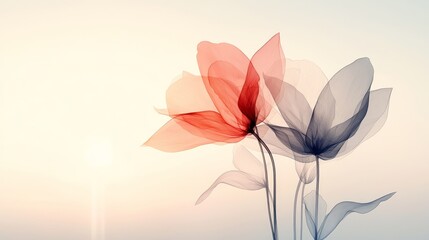 Obraz premium Ethereal watercolor flowers in soft hues of red and blue, blending gracefully against a light background, creating a serene and delicate atmosphere.