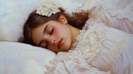 Serene young girl peacefully sleeping in a plush white bed surrounded by soft pillows and delicate floral accents