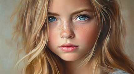 Fototapeta premium Nine-year-old girl portrait with blue eyes and natural blonde hair showcasing innocence and charm in soft lighting.