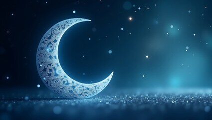 A beautifully decorated crescent moon with intricate patterns set against a starry night eid background