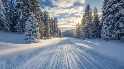 Obraz premium Snowy Winter Pathway Through a Forest of Snow Covered Pine Trees