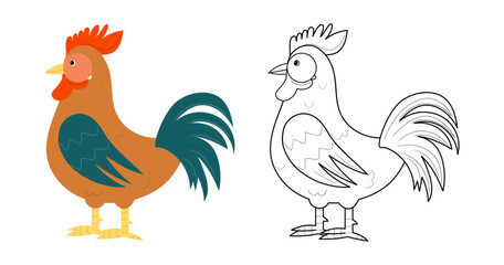 Rooster, coloring page for kids. Funny cock. Vector illustration. Children's coloring book with color example. Outline coloring page.