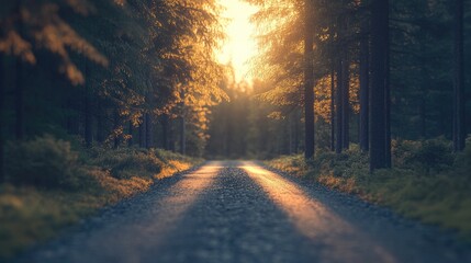 A forest road with sunlight streaming through the branches, casting a warm golden glow. 