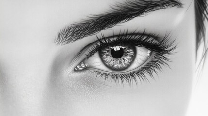 Obraz premium Captivating close-up of a woman's eye showcasing intricate details and expressive beauty in monochrome tones.