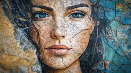 Portrait of a stunning woman with striking blue eyes set against a textured stone background showcasing artistic detail and natural beauty.