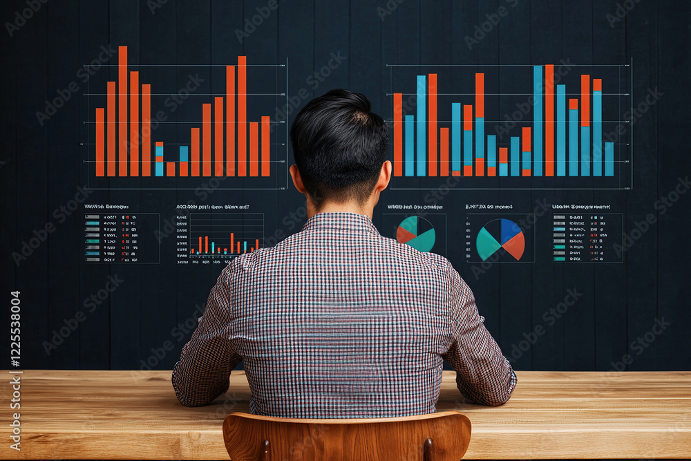 Poster man in checkered shirt analyzes colorful charts and graphs on dark wall, focusing on data trends and