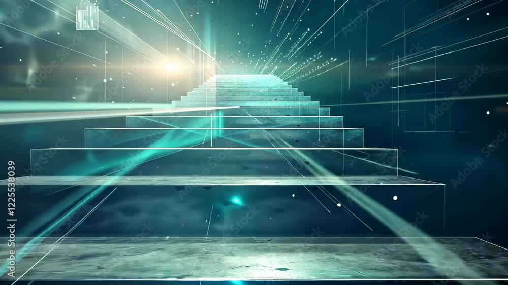 Aufkleber the artwork depicts a mysterious staircase emerging from a futuristic digital backdrop, surrounded b