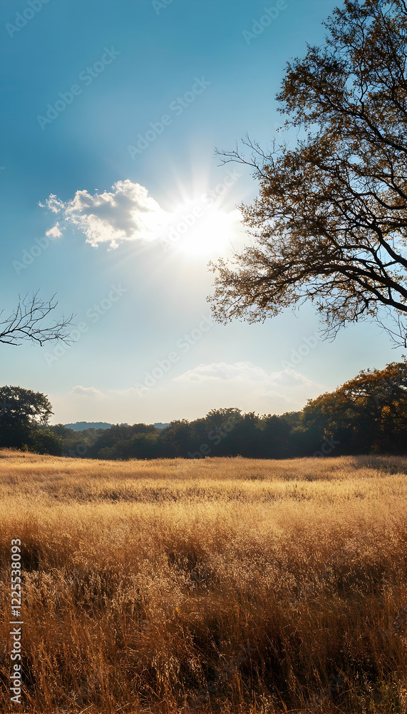 Poster sunlit vast open field with dry grass and trees -