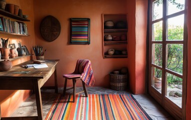 Fototapeta premium Rustic Mexican-style office with a wooden desk, vibrant textiles on the chair, and pottery displayed on shelves. 