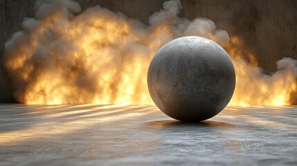 Concrete sphere, fire, smoke, studio, abstract