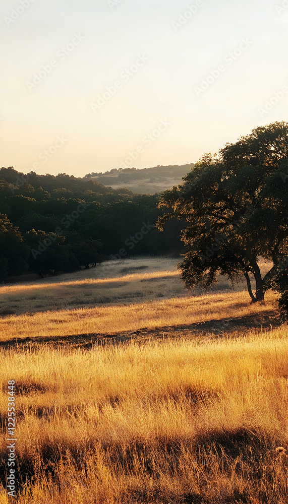 Poster sunlit vast open field with dry grass and trees -