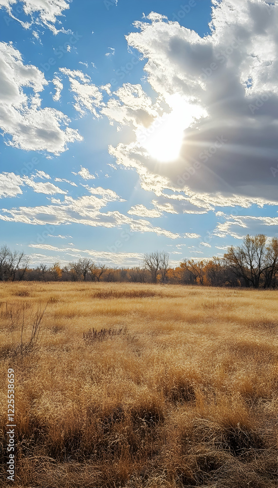 Poster sunlit vast open field with dry grass and trees -