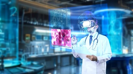 Medical worker holding medical document hologram while standing at laboratory. Doctor checking and...