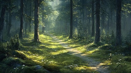 Obraz premium A serene forest path winding through tall trees, dappled sunlight and soft moss underfoot, tranquil mood 