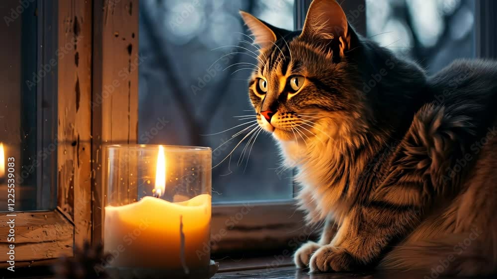 Poster a curious cat sits by a window, captivated by the soft glow of a candle's flame as evening sets in, 