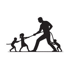 Man playing tug-of-war with children silhouette vector illustration
