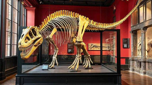 Dinosaur skeleton exhibit in museum, red walls, other fossils in background, educational display