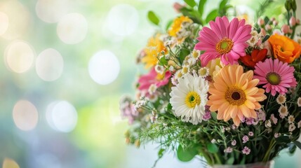Obraz premium A colorful bouquet of mixed wildflowers with a soft bokeh background, highlighting the intricate details