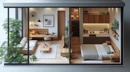 Compact and stylish modern apartment interior with wooden elements. Generative AI