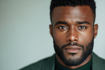 Obraz premium Handsome african american young adult man in green jacket with intense gaze portrait