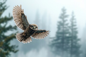 Fototapeta premium Majestic owl soaring through misty forest, capturing the essence of wildlife in tranquil nature