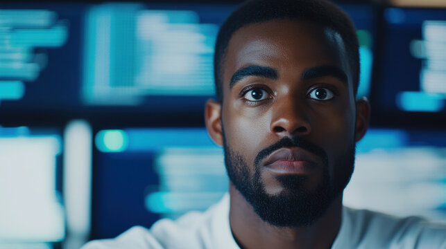 Focused african american man in tech environment with computer screens coding and innovation concept