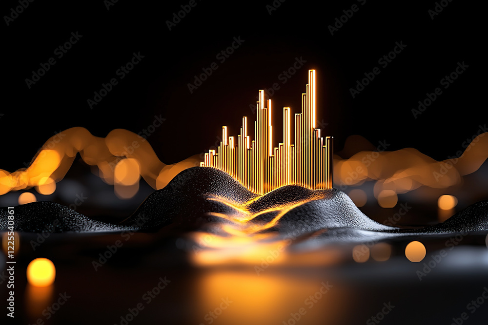 Poster glowing chart illustrating audience engagement metrics with vibrant orange bars rising from dark, te