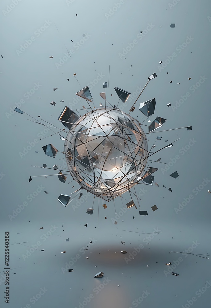 Poster exploding metallic sphere geometric abstract art