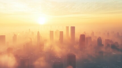 Fototapeta premium City skyline with hazy sky and visual data representing air pollution levels