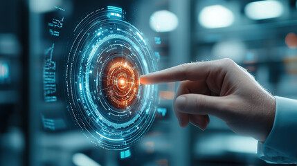 hand interacts with futuristic digital interface displaying glowing circular graphics and vibrant data metrics, suggesting advanced technology and innovation
