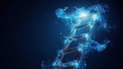 glowing digital ladder made of blue light particles and abstract shapes on dark background symbolizes progress and innovation