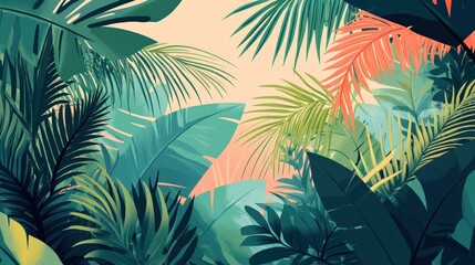 Lush tropical foliage with vibrant green leaves and subtle pastel background hues