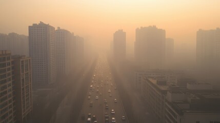 Fototapeta premium Cars driving on a Dust smoke street in a city landscape with low visibility conditions pm2.5