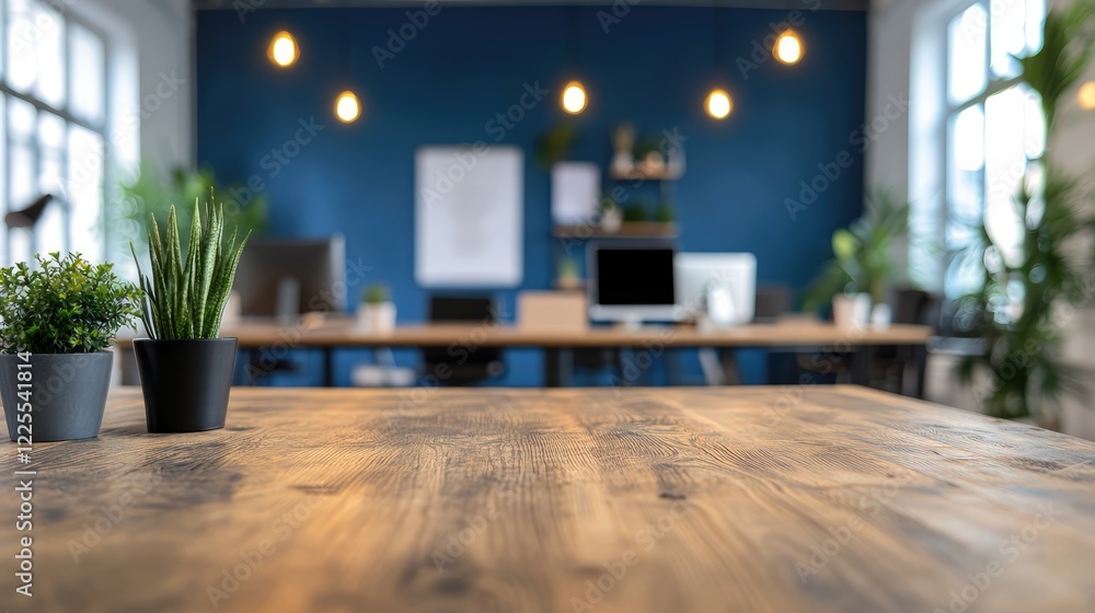 Aufkleber rustic wooden table in focus with small potted plants, set against a blurred modern office space fea