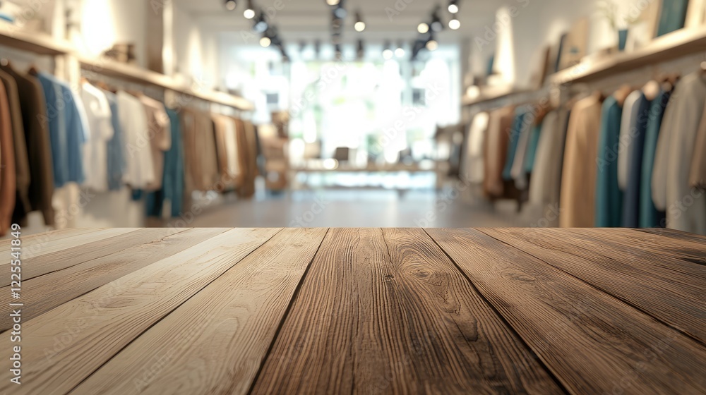 Aufkleber rustic wooden table in focus with a blurred background of a modern clothing store featuring rows of 