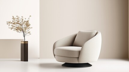 Modern beige swivel armchair in a minimalist interior design with a decorative vase and plant