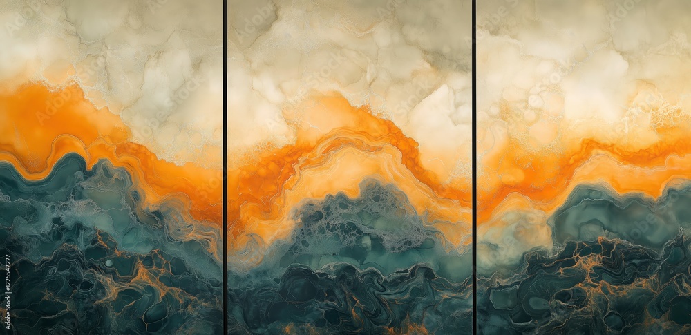 Poster abstract art triptych: a three-part abstract artwork features a captivating interplay of deep teal a